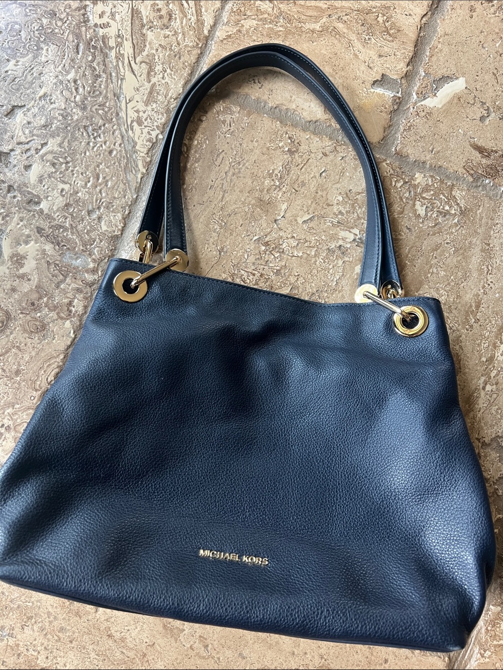 Michael Kors Black Leather Shoulder Tote with Gold Hardware